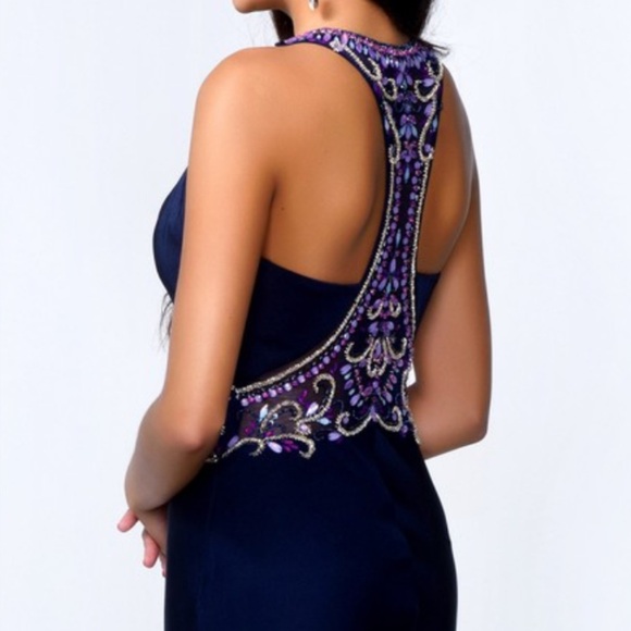 Abby Paris Formal Dress Size 8 Navy Blue Beaded Waist Train Gown AUTHENTIC NWT - Picture 6 of 15